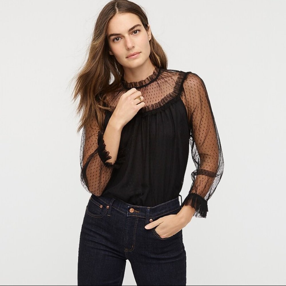 J. Crew Ruffle-trim top in dot tulle Black Size Small NWT